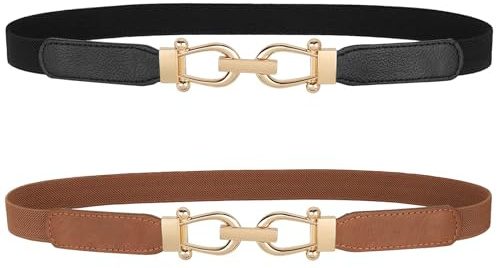 JASGOOD Women Skinny Elastic Belt for Dresses,Thin Retro Stretch Waist Belt with Golden Buckle 2 Pack,Black+Brown