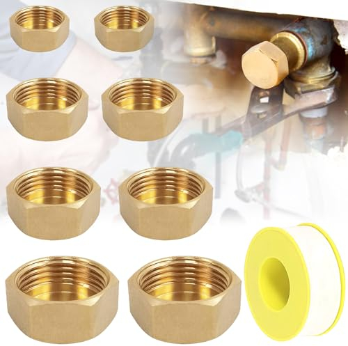 8 Stück Messing Kappe, Ausflssverhinderer Blindstopfen 3/4 Zoll Gewindekappe Messing, Rohmaterialband, für Heizung und Trinkwasseranlage Geeignet (4 Größe)