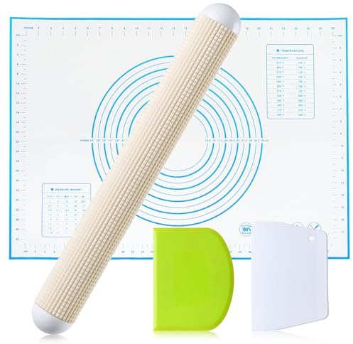GWHOLE Silicone Baking Mats with Dough Scraper Rolling Pin,50×68cm Non Stick Pastry Rolling Mat with Measurement Non-Slip Dough Kneading Mat Counter Table Mat for Pie/Cake/Pizza Mats
