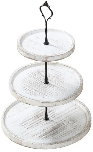 3 Tiers Cake Display Stand, Wooden Afternoon Tea Stands, Round Cup Cake Fruit Dessert Party Server Plates Stands, Food Serving Platter Stand with Metal Handle for Party Birthday Wedding (Old white)