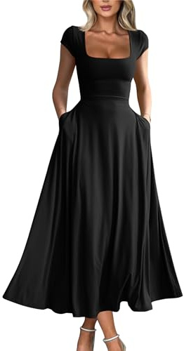 YMDUCH Women's Casual Short Sleeve Square Neck Solid Slim Flowy Maxi Dress with Pockets Black