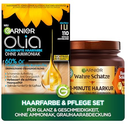 Garnier Colorations- & Pflegeset: Olia 110 Kühles Aschblond Dauerhafte Haarfarbe + Wahre Schätze Reparatur-Kur (340ml) | Ohne Ammoniak | Mit Natürlichen Ölen & Akazienhonig für Glanz & Geschmeidigkeit