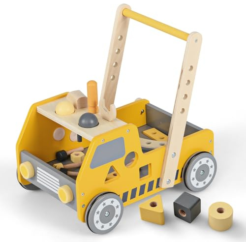 COSTWAY 2-i-1 gåvagn trä, gåhjälp med multiaktivitetscentrum och arbetsbänk, baby walker, löpvagn för flickor och pojkar från 1 år (gul)