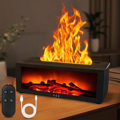 vsshe Diffusore di Oli Essenziali Fiamma, Diffusore di Aromi di Fuoco con Telecomando, Umidificatore Profumo Ambiente Modello Caminetto, con 7 colori e Timer.