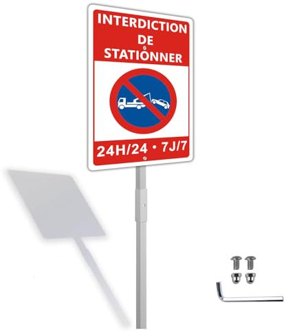 Panneau Interdiction de Stationner avec Piquet 24H/24 7J/7,Panneau de ne pas stationner 20x30cm -Métal en Aluminium de 1 mm-Revêtement réfléchissant et Résistant aux UV
