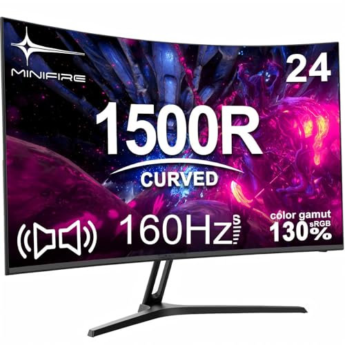 Minifire 24 Inch Gaming Monitor, 160Hz, Curved Gaming Monitor, 1500R, 1Ms, sRGB130%, FHD 1080P Computer Screen, VESA Compatible, Eye Care Adaptive Sync HDMI＆DP Prots （MFG24C1L ）