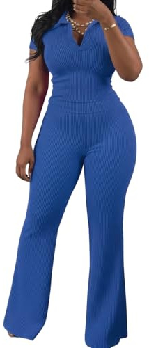 HBQ Women Two Piece Outfit Ribbed Short Sleeve V Neck Polo Top and Flare Pants Casual Lounge Sets Tracksuit-Blue-L