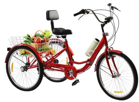 24 tum vikbar trehjuling för vuxna 7-växlad växellåda V-broms lastcykel med korg och LED-framljus 3 hjul cykel för städer och stränder cykelvägar