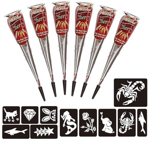 Naturic 6x Henna Tattoo Kirsch Rot, Temporäre Tattoo + 11x Henna Tattoo Schablone, Temporäre Mehndi Tattoos, Natürliche Kegel, Tattoo sticker, Temporäre Tätowierung Kirsch Rot