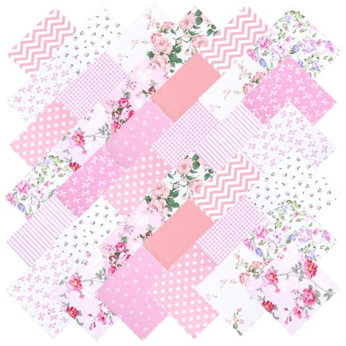 42PCS Pink Cotton Charm Packs for Quilting, 5 Inch | Squares Cotton Quilting Fabric Pre-Cut Sewing Fabrics Quilt Bundles Floral Patchwork for Sewing DIY Craft Cake, Sweet Garden