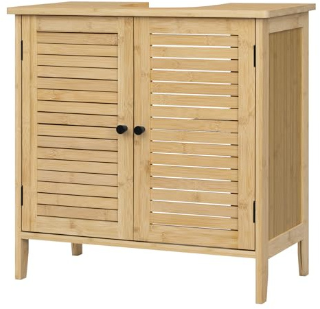 EUGAD Armario Baño Bambú, Mueble Bajo Lavbabo con Recorte Sifón de 20x23 cm, Armario de Pie con Puertas de Rejilla y Estante Ajustable, 60x30x60 cm