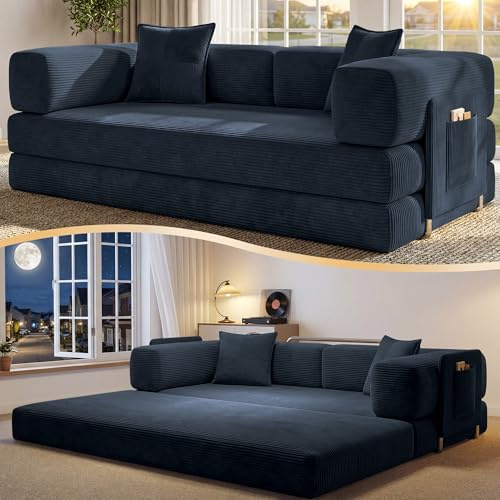 CUBENTE 78.8 Convertible Sofa Bed,Corduroy Futon Couch with Storage Pocket,Folding Pull Out Futon Sofa,No Assembly Boneless Couch for Home & Apartment,Navy