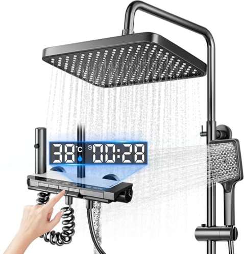 Koeutoze Juego de Cabezal de Ducha y Manguera, Sistema de Ducha con LED, Cabezal de Ducha de Lluvia 27X17.5cm, Boquilla Adicional y Grifo, Columna de Ducha Ajustable con Luz de Ambiente, Altura