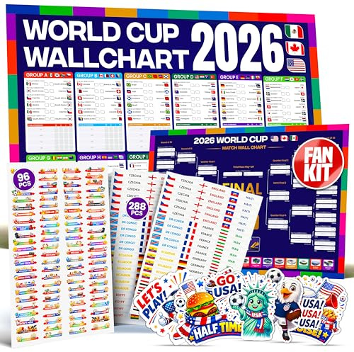 WOW Wallcharts 2026 fotbollsväggskarta med landsflaggklistermärken och matchscheman – turneringsvärldskalender affisch och väggplanerare för hem, kontor och pub – fotbollsklubbdekorationer