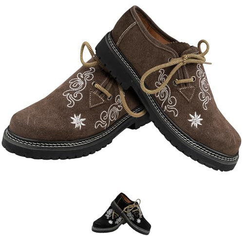 German Wear Damen Trachten Haferlschuhe aus Wildleder – Traditionelle Trachtenschuhe mit Edelweiß-Stickerei & weichem Ziegenleder-Futter – Bequem & hochwertig für Dirndl & Volksfest Dunkelbraun - 38