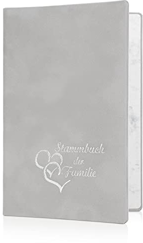 AHNENBAUM Stammbuch Herzen - grau, Velours, Herzprägung Silber. Geschenk für Hochzeit. In buchbinderischer Handarbeit in Deutschland gefertigt