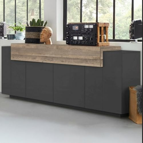 Dmora - Buffet de cuisine Loris, Buffet de salon, 100 % fabriqué en Italie, 220 x 45 h 86 cm, anthracite et érable