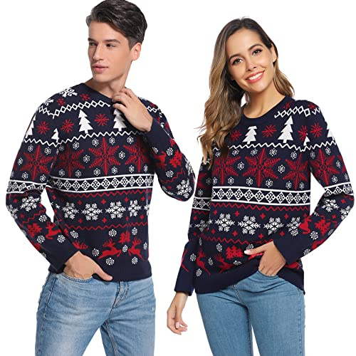 Litherday Jersey Navideño Hombre Mujer Unisex Suéter Navidad Familia y Pareja con Estampado de Reno y Copos, Ropa Navideña Divertida Azul-Hombre L