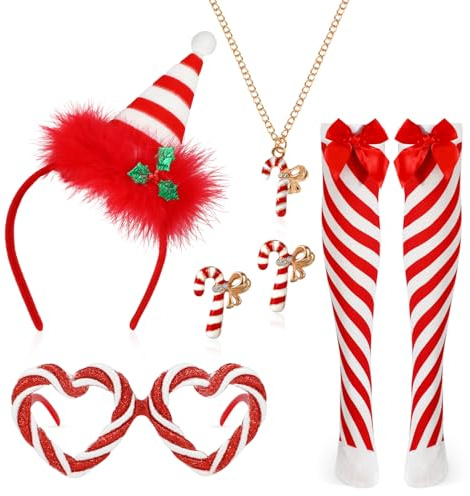 HOWAF Disfraz Navidad Mujer Niña, Diadema, Medias Candy Cane, Gafas, Bastón Caramelo, Collar y Pendientes para Disfraz