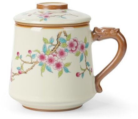 fanquare Taza de Té de Cerámica con Infusor y Tapa, Tazas de Té Chinas Flor Beige, Taza de Té Grande para Viajar Casa 450ml
