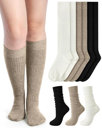 Shihanee 3 Pairs Women Cashmere Cotton Knee High Socks Long Ribbed Knit Slouchy Boot Socks Soft Warm for Women Girls, Simple Colors, M