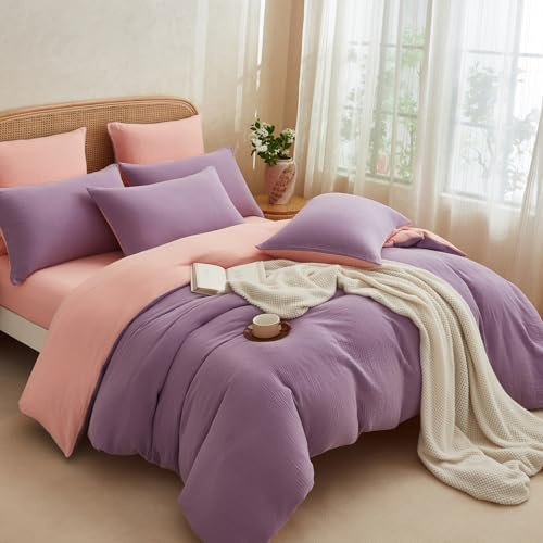 Boqingzhu Muslin, biancheria da letto double-face, 135 x 200 cm, in cotone certificato Oeko-TEX, effetto stropicciato, estivo, traspirante e morbido, copripiumino 135 x 200 cm
