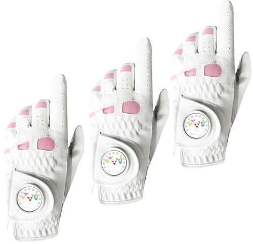 AXKAL Guanti da golf da donna per mano sinistra e destra, in pelle, con marcatore per palline, confezione da 3 guanti (non in coppia), durevoli, morbidi, con buona presa, taglia S, M, L, XL (rosa, L