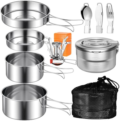 10PCS Set de Cuisine de Camping en Acier Inoxydable, Kit de Casseroles Camping avec Marmite à Lunch, Poêles, Assiettes, Couverts Pliables et Poêle de Camping, pour Camping, Randonnée et Pique-Nique