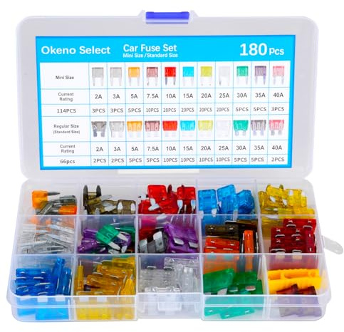 Okeno Select 180 PcsCar Fuses Assorted Kit, Car Fuse Assortment Kit, 2A-40A Standard & Mini Blade Fuses for Cars, Automotive, Trucks, SUVs, Motorcycle, with Car Fuse Puller
