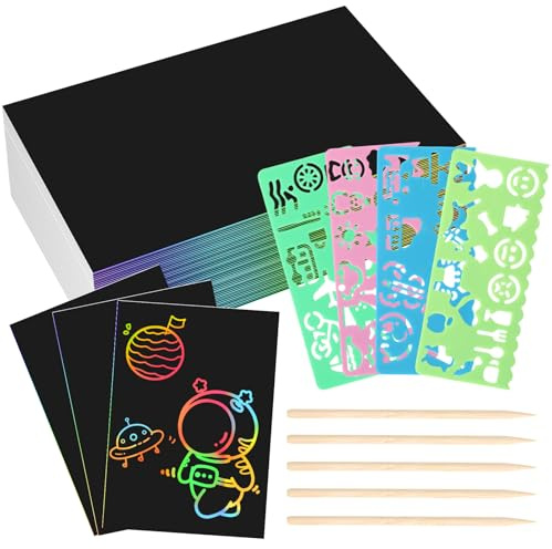 60 feuilles d'images à gratter arc-en-ciel pour enfants, avec 4 pochoirs et 5 stylos | Images à gratter pour enfants, cadeaux d'anniversaire d'enfants, peinture à gratter pour enfants de 4 à 12 ans et adultes