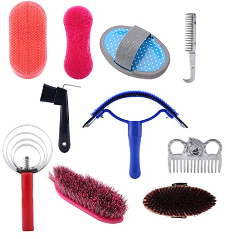 Generic Kit de Aseo para Caballos de 10 Piezas, Incluye Raspador de Sudor, Recogedor de Pezuñas, 5 Cepillos, 2 Peines para Picazón, con Diseño Liviano y Portátil para el Cuidado de