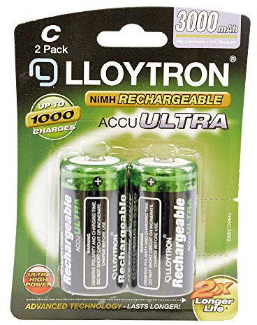 LLOYTRON NiMH Rechargeable AccuUltra Batteries / C Size / 3000mAh / 2 Pack - B016