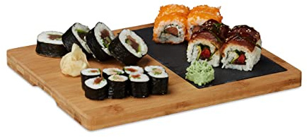 Relaxdays Bamboo Cutting Board, Slate, Handle, Serving Tray, Rustic, HxWxD: 2 x 30.6 x 25 cm, Natural Brown