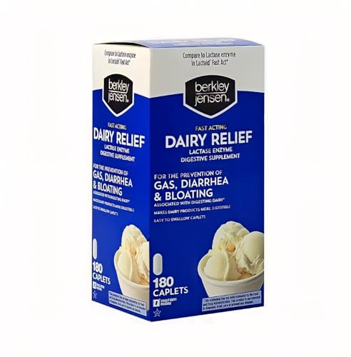 berkley jensen Maximum Strength Fast Acting Lactase Enzyme 9000 FCC - Natural Dairy Relief Digestive Supplement - Helps Prevent Bloating, Gas, Loose Bowels Due to Lactose Intolerance, 180 Tablets