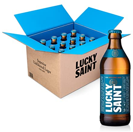 LUCKY SAINT Alcohol Free Beer - Unfiltered Larger, Case of 12 x 330ml, 0.5% Bottles | Vegan, 53 Calories Per Lager | 4 Ingredients: Pilsner Malt, Hallertau Hops, Water & Yeast | Non Alcoholic Gifts
