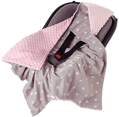 Medi Partners Einschlagdecke Baby Babyschale 100% Baumwolle für Sommer 85x85cm Kinderwagen Kuscheldecke universal Baby Decke Einschlagdecken Babydecke Buggy Autositz (weiße Sterne mit rosa Minky)