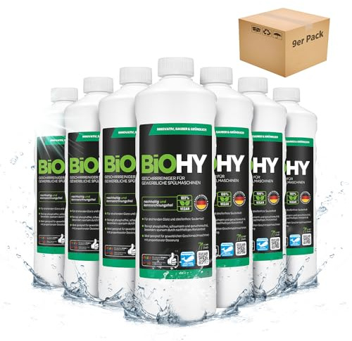 BiOHY Detergente para lavavajillas comercial (9 botellas de 1 litro) | Fórmula para disolver el las grasas | Apto para gastronomía, industria y hogares (Geschirrreiniger)