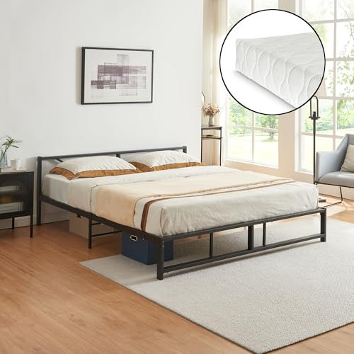 Cadre de Lit en Métal Robuste Construction Solide avec Lattes Métalliques et Matelas à Mousse à Froid Lit Double Design Élégant Capacité de Charge 300 kg Acier Laqué 180 x 200 cm Noir
