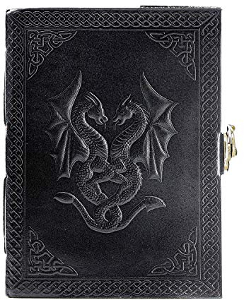 Komal's Passion Leather Journal en cuir fait à la main avec double dragon, carnet de notes journalier, carnet de notes journalier pour homme et femme, papier non ligné, bloc-notes (8 x 6, Black)