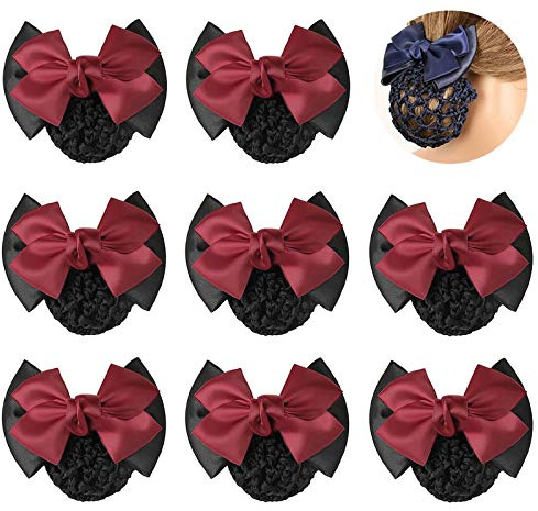 TXIN Women's Hair Accessories: Satin Bow Crochet Knit Red Snood with Bowknot Barrette, Non-slip Mesh Hair Clips for Work and Girls