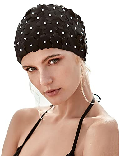 Women Retro Swim Cap, Floral Petal Bathing Cap Long Short Hair Elastic Swimming Turban with Flowers & Pearls(Black)