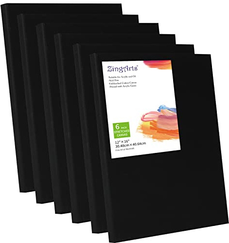 Zingarts Black Canvas,12x16 Inch 6-Pack, 100% Cotton Primed Acid-Free Stretched Black canvases for Painting, Art Supplies for Acrylic Pouring, Oil Painting and Watercolor Paints