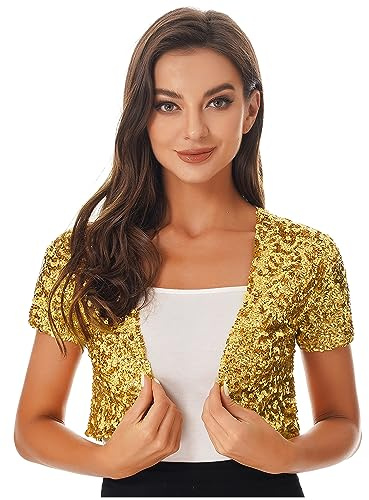 YiZYiF Donna Bolero Shiny Paillettes Giacca della Spalla Manica Corta Giacca Front Open Crop Top Oro Taglia Unica