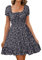 Livonmone Womens Summer Casual Sweetheart Neckline Puff Sleeve Floral Print High Waist Dress Boho Beach Mini Short Dresses (Navy, XL)