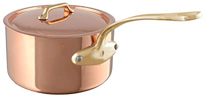 Mauviel M'Heritage 200 B 2mm Polished Copper & Stainless Steel Sauce Pan With Lid, And Brass Handles, 1.8-qt, Made in France