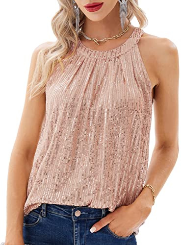 GRACE KARIN Ladies Sequin Patchwork Tops Halter Neck Sleeveless Top for Party Camisole Light Pink S