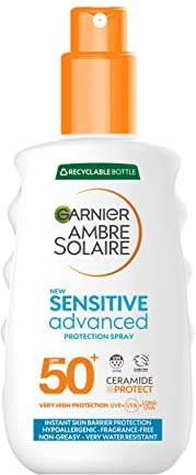 Garnier Ambre Solaire SPF 50+ Sensitive Advanced Sun Cream Spray, High Protection, Factor 50, Water Resistant, Non-Greasy, Fragrance-Free, Hypoallergenic, UVA UVB Protection with Ceramide, 150ml