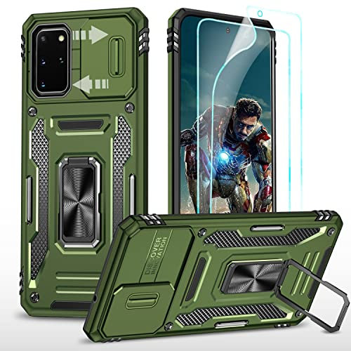 YmhxcY For Samsung Galaxy S20 Plus Case,Military grade protective phone case，with [2 Packs] Screen Protector,Slide Camera Cover,360° Rotate metal Stand, for Samsung S20 Plus 6.7''-Olive Green