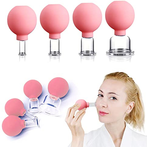 4 PCS Glass Facial Cupping Set | Silicone Vacuum Suction | Cupping Massage Therapy | A Kit For Anti Cellulite, Anti Wrinkle and Instantly Ageless Skin | For Eyes, Face and Body(Pink)