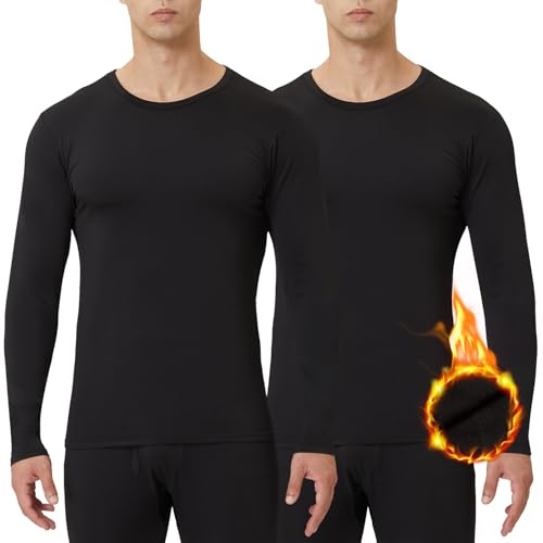 CL convallaria 2 or 4 Pack Mens Thermal Underwear Shirt Fleece Lined Base Layer Tops Cold Weather Athletic Sport Gear 2pc Black-Black L